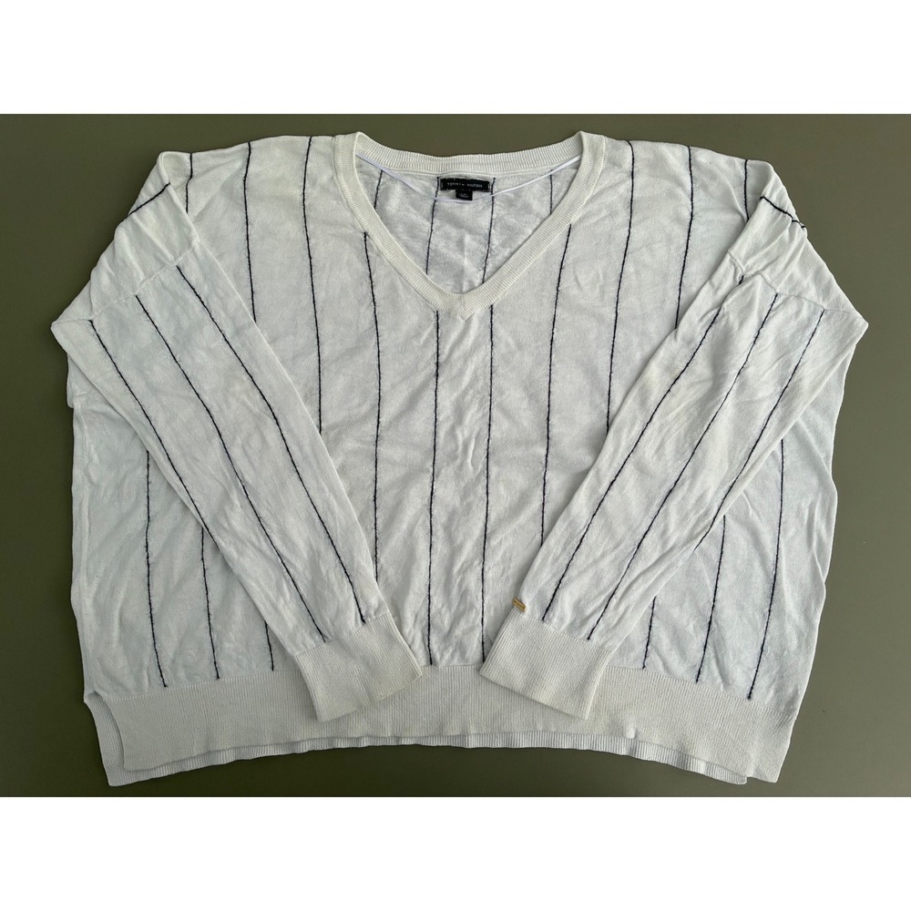 Tommy Hilfiger White Pinstripe V-Neck Cotton Cashmere Sweater Large Coastal Chic